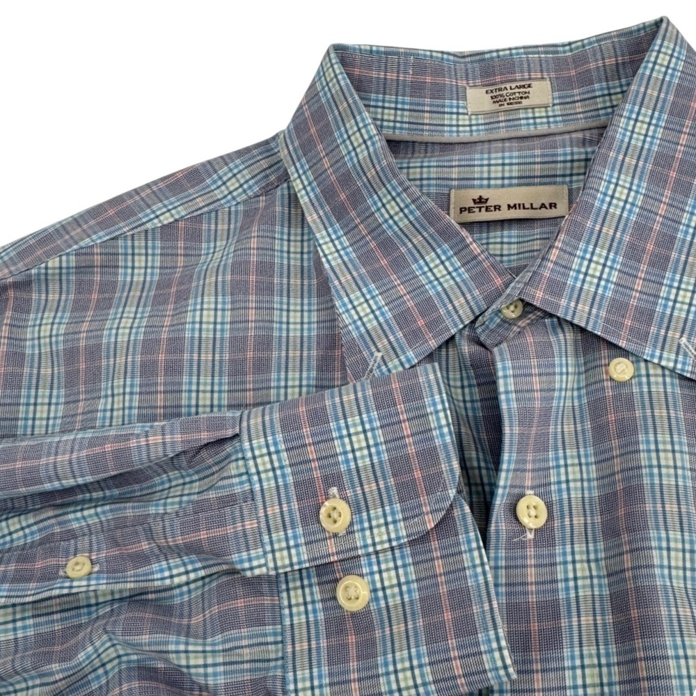 Peter Millar Mens XL Button Down Shirt Blue Pink Plaid Long Sleeve 100% Cotton